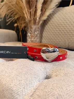 Marccain Red Patent Leather Belt with Silver Heart Buckle